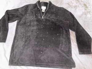Vtg -Quacker Factory Size Large Embellished 1/4 Zip Pullover Fleece Jacket Black - Picture 1 of 22