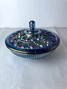 Vintage Indiana Glass Blue Carnival Windsor Candy Dish w/Lid Iridescent Colors - Picture 1 of 5