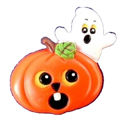 Russ PIN Halloween Vintage GHOST JOL PUMPKIN Spooky 1980s Brooch HK STICKER - Image 1 of 2