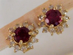 ESTATE DIAMOND RUBY CLUSTER STUD 14KT Y GOLD ROUND HALO EARRINGS 9MM #Z1279.AVAZ - Picture 1 of 12