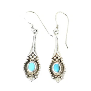 Small Round Turquoise Stone Embellished Sterling Silver Dangle Fishhook Earrings - Picture 1 of 4