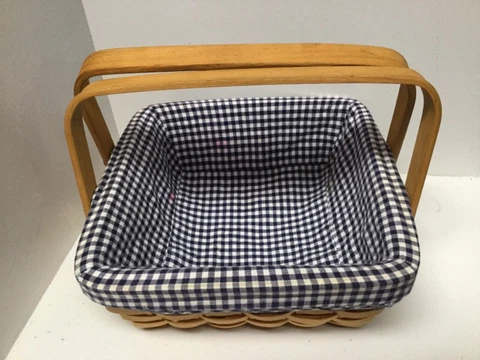 Bread Basket With Blue Check Lining Double Handle 9 X 9 Inch Square At Top F39 Cover