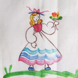 Vintage Napkin Handpainted Linen, Girl with Flower Fringed, 8-1/4"x13-3/4" Mint - Picture 1 of 3