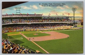 Postcard Ohio Cincinnati Reds Crosley Field US Flags Linen c1940 National League - Picture 1 of 2