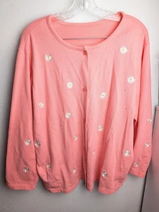 Pink Cardigan Sweater Daisy Embroidered Rhinestones Bling Women's 2xl (L) - Picture 1 of 1