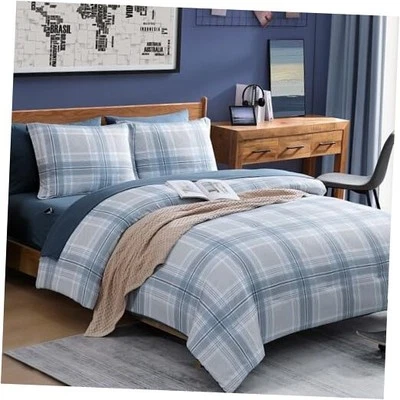 Juego de edredón de tamaño completo Juego de ropa de cama a cuadros 7 Tamaño completo 7 piezas Azul claro Foto 1 de 4