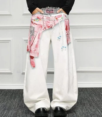 Men White Cotton Denim Jeans Straight Wide Leg Lattice Decor Pants Trousers Punk - Image 1 of 4