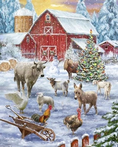 Frosty on the Farm ~ Winter, Farm Animal Christmas Holiday Fabric Panel ~ 36" - Picture 1 of 3