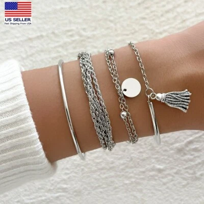 Conjunto de 4 piezas retro de joyería pulseras de múltiples cadenas simple borla oblea bola 0514 para mujer Foto 1 de 4