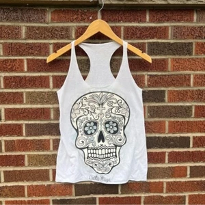 White and Cream Sugar Skull Graphic Racerback Tank Top - Picture 1 of 2