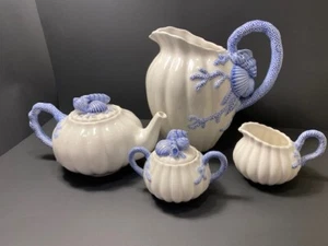 1991 Vintage Fitz & Floyd Seashell&Coral Blue/White Ceramic-4 piece set- Beach - Picture 1 of 12
