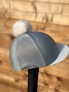 Horse Riding hat silk grey glitz skull cap cover button or Pom - Picture 1 of 13