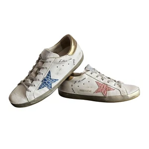 Golden Goose White Superstar Sneakers Gold Accents Red/Blue Crocodile Stars Sz 9 - Picture 1 of 18