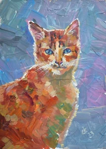 Orange Tabby Cat Painting – 12x8 Acrylic, Blue Eyes Bold Brushwork Signed - Picture 1 of 6