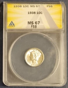 1938 Mercury Dime 10c ANACS MS 67 FSB FB UNCIRCULATED FULL SPLIT BANDS #65579 - Picture 1 of 2