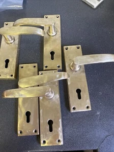5 Vintage Solid Brass Lever Door Handle Set Passage Rectangle Plate Used - Picture 1 of 8