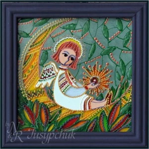 Pintura popular tradicional ucraniana sobre vidrio hecha a mano decoración de pared enmarcada 14x14cm - Imagen 1 de 3
