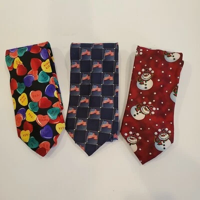 3 Holiday Men's Neck Ties Christmas Valentines 4th of July Flags - Image 1 of 4