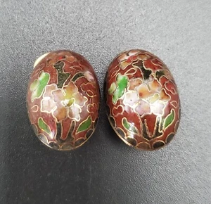 Vintage Cloisonne Floral Clip On Earrings 1" Oval. Signed With A Patent Number  - Picture 1 of 10