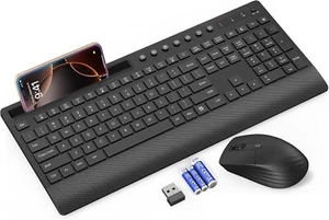 Wireless Keyboard and Mouse Full-Size with Palm Rest, Phone Holder, Power Switch - Picture 1 of 9