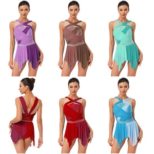 Womens Dress Lyrical Dancewear Ruched Costume Ballroom Rhinestone Leotard Hem - Picture 1 of 62