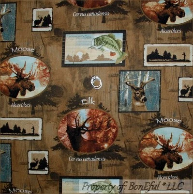 BonEful Fabric FQ Cotton Quilt VTG Wood Real Tree CABIN Moose ELK Deer Fish Hunt - Image 1 of 4