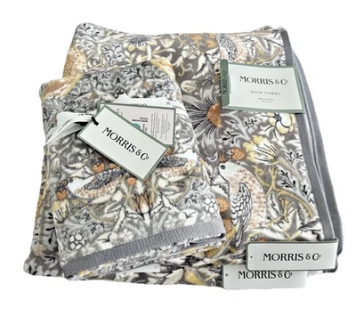 Juego de 4 toallas de mano William Morris & Co Strawberry Thief terciopelo gris 2 baños NUEVO Foto 1 de 4