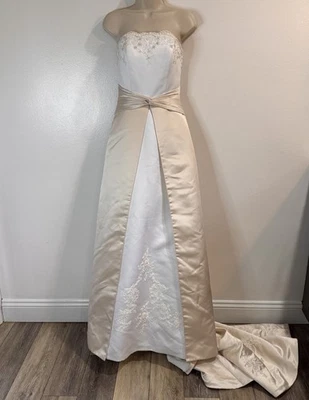 NEW David's Bridal Wedding Dress Michaelangelo Sz 6 Satin Beaded Train White - Image 1 of 4