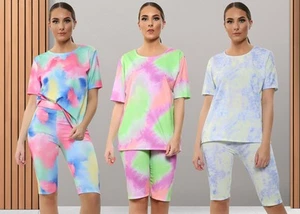 New Womens Summer T-Shirt and Cycling Shorts Set Tie Dye Co-ord Set - Picture 1 of 12