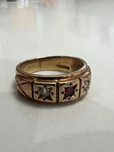 FANTASTIC GENTS 9ct GOLD DIAMOND & RUBY RING - GYPSY RING ? SIZE Q - Picture 1 of 13