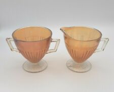 Vtg. ECONOMY GLASS CO. CARNIVAL GLASS FOOTED RIBBED SUGAR BOWL AND CREAMER BIN19