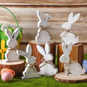Easter Decorations Indoor Tabletop Rabbit Bunny Wooden Signs Gift 6 Pcs - Picture 1 of 12