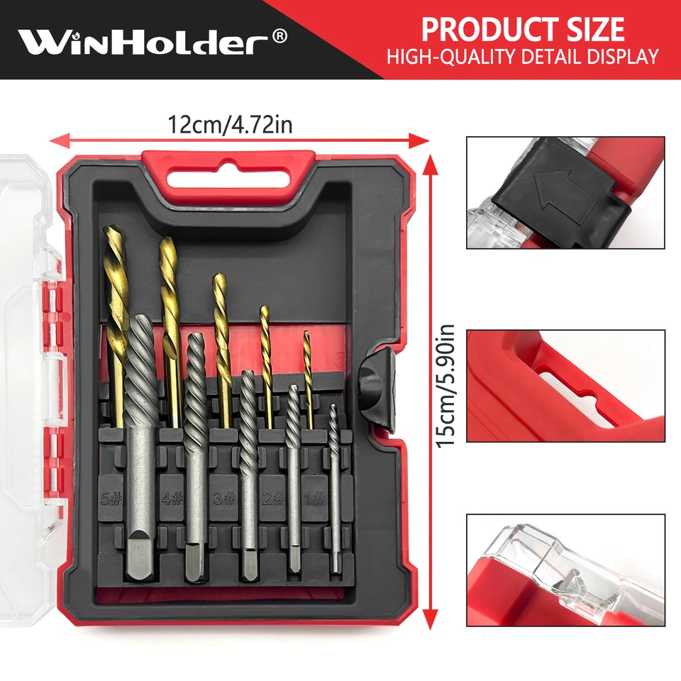 WinHolder HSS Drill Bits Screw Extractors Set Easy Out Screws Studs Bolts 10Pc
