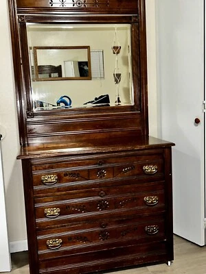 antique Eastlake Oak Dresser With Beveled Mirror - Image 1 of 4