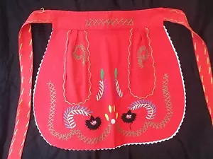 Vintage Red Embroidered Apron Green Blue Purple Yellow Emb Hostess AP102 - Picture 1 of 12