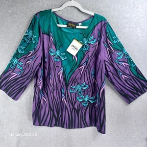 Blusa túnica manga 3/4 de seda artística portátil Bob Mackie talla XL nueva con etiquetas para mujer - Imagen 1 de 16