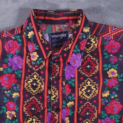 Vintage Wrangler Shirt Mens 17 Floral Aztec Western Cowboy X-Long Tails 90s - Image 1 of 4
