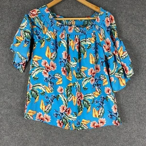 Table Eight Blouse Womens 8 Blue Yellow Top Flowers Formal Event Tiered - Picture 1 of 12