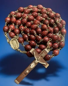 Catholic Carved Cherry Tone Wood 27” Habit Rosary - Picture 1 of 8