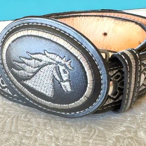 Western Leather & Silk Embroidered Black Belt Mustang Size 20 Youth YAC 1990’s - Picture 1 of 16