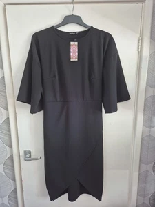 Ladies 'Boohoo' Kimono Sleeve Wrap Over Midi Length Black Stretch Dress. Size 20 - Picture 1 of 15