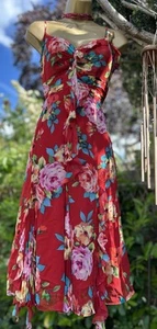 Karen Millen Vintage Rare Red 200% Silk Chiffon Dress Roses Floral UK12 - Picture 1 of 24