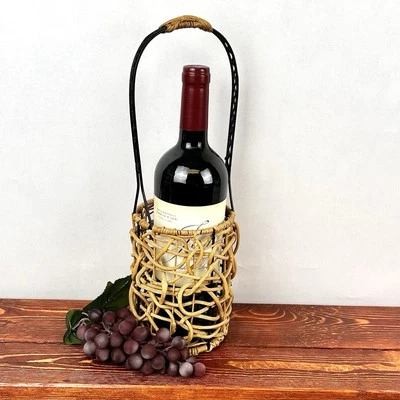 Twigs & Metal Basket Wine Bottle Holder Caddy Carrier With Handle Seagrass 14in - Image 1 of 4
