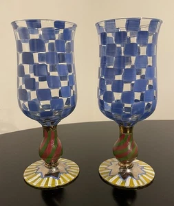 MacKenzie Bicchieri Calici Acqua Vino 8” Quadrati Blu Check Bambini Set di 2 - Foto 1 di 3