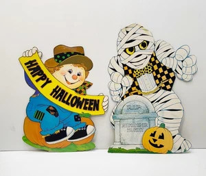 Vintage Halloween gestanzt beflockt Mumie & Vogelscheuche hängende Deko - Bild 1 von 10