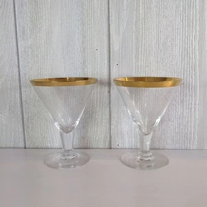 VTG Gold Rimmed Art Deco V Shaped Wine Glass Set Of 2 EUC - Picture 1 of 4