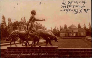 Hamburg AK 1927 Partie Stadtpark Park Denkmal Diana-Gruppe Frau Hunde gelaufen - Bild 1 von 1