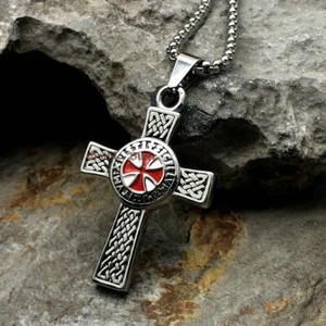 Mens Stainless Steel Red Masonic Knights Templar Crusader Cross Pendant Necklace - Picture 1 of 7