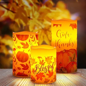 3 Pieces Thanksgiving Flameless LED Candles Leaf Pumpkin Fall Decor Candle Light - Picture 1 of 12