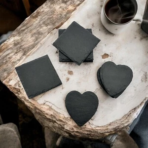 Natural Slate Coaster Set | Heart & Square Shaped Coasters | 4 Pack Slate Gift - Picture 1 of 13